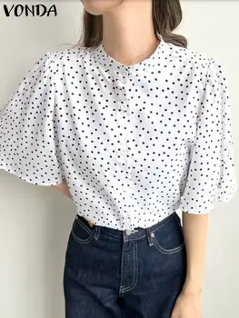VONDA 2024 Модни жени Polka Dot ризи Лятна стойка яка къс ръкав отпечатани върхове елегантен OL туника случайни хлабав блуза