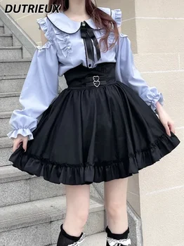 Lolita костюм сладък японски извън рамото акварел риза тънък талията подстригване универсален къса черна пола за жени