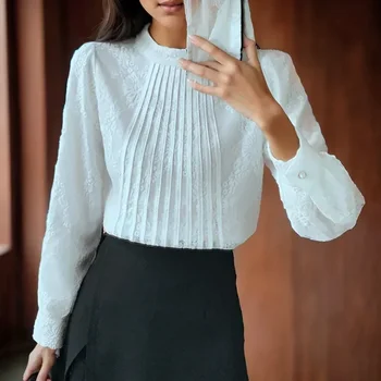 Casual дълъг ръкав стойка яка бяла дантела блуза жена корейски мода елегантен пуловер риза жени бродерия хлабав върховете 29789