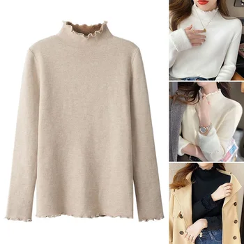 Half високо деколте плътен цвят тънък годни пуловер за жени есен и зима топлина жените пуловер трикотажни дълъг ръкав пуловер