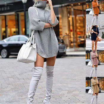 Есен зима жени трикотажни пуловер пуловер Топ елегантен мода плътен цвят дълъг ръкав Поло хлабав трикотаж улично облекло