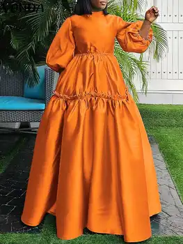 Плюс размер VONDA жените мода сатенена рокля дълъг бутер ръкав разрошени Макси Sundress стойка яка случайни твърди елегантен парти халат