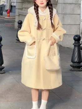2023 Зимно жълто сладко вълнено палто жени High Street дълго палто с качулка женски случайни шик мода корейски стил тренч якета