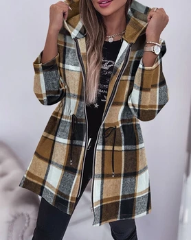 Якета за жени есен зима мода карирана модел цип дизайн шнур случайни дълъг ръкав ежедневно дълго качулка палто