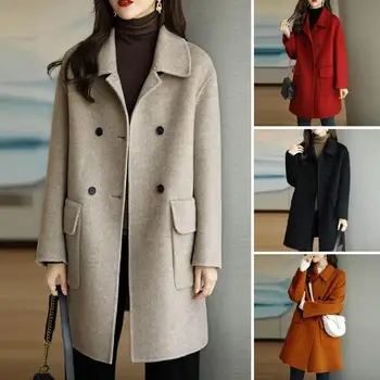 Есен Зима жени вълнено палто плътен цвят ревера двойна гърди палто средна дължина клапа джобове хлабав връхни дрехи улично облекло