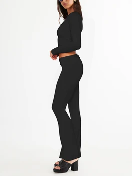 Solid Two Piece Set For Women 2023 Пролет Есен Слим Подходящ Тениски с дълъг ръкав Панталони с ниска талия Ежедневни анцузи Костюми