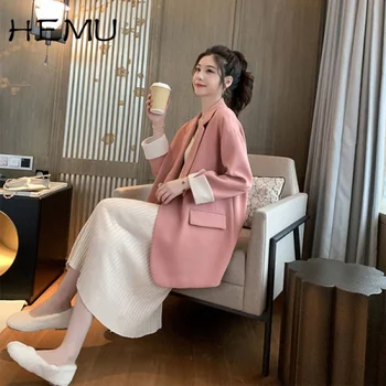 корейски стил розов малък костюм яке жени хлабав случаен шик костюм 2022 пролет есен нов дълъг ръкав двуреден блейзър