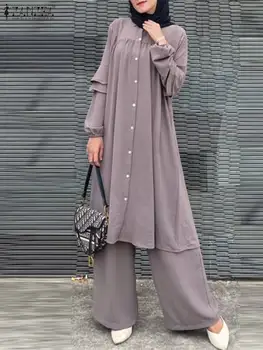 2023 ZANZEA мода Ейд Мубарек мюсюлмански комплекти 2бр жена дълъг ръкав върховете широк крак панталони есента реколта OL офис ислямско облекло