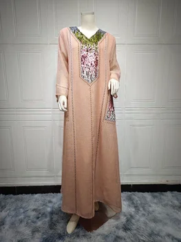 2023 Мюсюлмански модни рокли Близкия изток Дубай Squin бродирани халати Рамадан елегантен дълъг ръкав V-образно деколте Abaya парти рокля