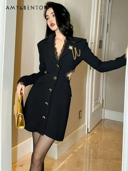 Черни бизнес рокли есен зима нов висококачествен костюм Hepburn стил яка силует дантела шевове тънък годни OL рокля за жени