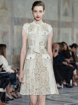 Нов моден дизайнер лято нов дамски лък яка без ръкави кухи дантела френулум елегантна бяла мини рокля