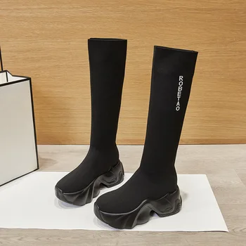 Дамски дълги ботуши 2023 Есен/Зима Нов британски стил дебела подметка висока обувка шоу тънки черни плетени еластични ботуши дамски обувки