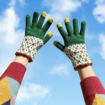 Сладък реколта жените зимата сензорен екран ръкавици сгъстяват топло участък трикотажни ръкавици пълен пръст двойки открит ски ръкавици