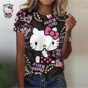 Fashion Дамска тениска 3D Kawaii Hello Kitty Print Tees Tops New Harujuku Short Sleeve T Shirt Oversized Loose Woman Clothes