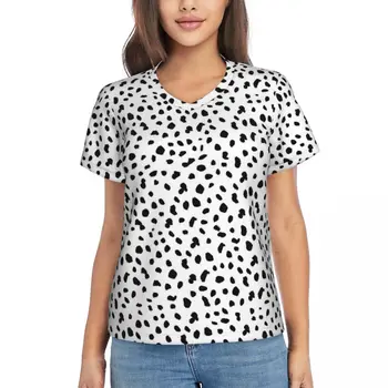 Дамска тениска Секси далматински куче печат тениска черно и бяло естетически тениски къс ръкав V врата дизайн извънгабаритни дрехи