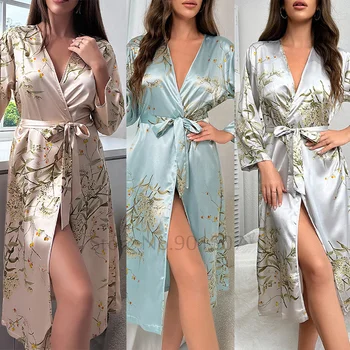 Luxury Slip Nightdress Summer Homewear Robe Women Satin Nightgown Ice Silk Bathrobe Kimono Print Спално облекло Femme Lingerie