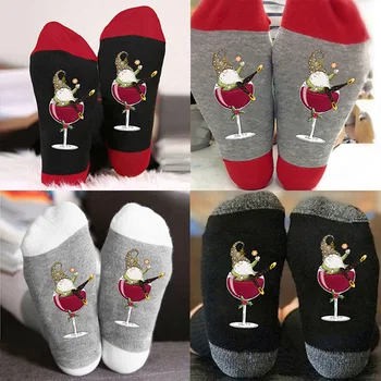 Коледни чорапи жени карикатура средна тръба чорапи памук трикотаж смешно чорапи топла мода дишаща вино чаши отпечатани чорап