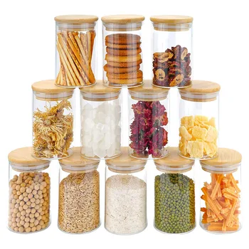 12Pcs стъклени буркани Set (300Ml), Clear Spice буркани с бамбукови капаци, Буркани за съхранение на храни Кутии за кухненски брояч Организатор