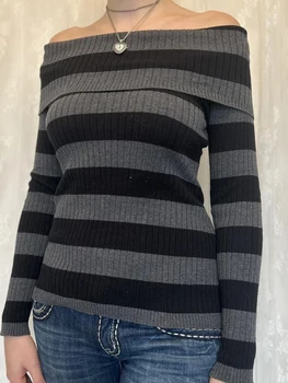 Дамски дълъг ръкав извън рамото риза раирана печат основни плетени върхове случайни пуловер за есен клуб улично облекло
