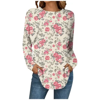 Мода Дамска тениска Нова есенна риза с кръгло деколте Блуза с цветен печат Дамско облекло Ежедневни дълги ръкави Върхове със средна дължина