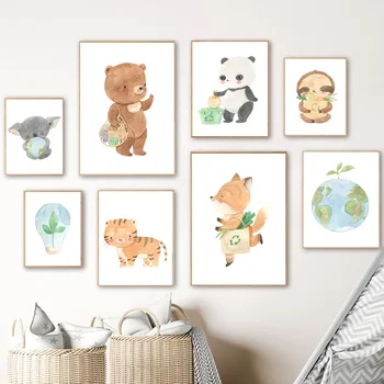 Адаптивни нулеви отпадъци Екологично чисти Земята лисица мечка панда стена изкуство живопис скандинавски плакати и отпечатъци картини детска стая