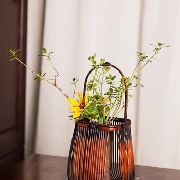 Кошница за аранжиране на цветя Ръчно изработена бамбукова кошница Кошница с цветя Японска ваза Устройство за подреждане на цветя Китайски прибори Дзен орнаменти