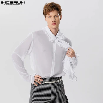 INCERUN Върхове 2023 Американски стил стилен мъже шифон микро прозрачен дантела дизайн ризи свободно време тънък дълъг ръкав блуза S-5XL