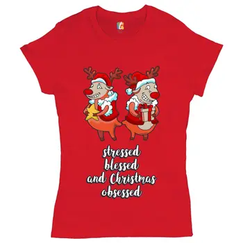 Подчертано благословено и обсебено от Коледа T-Shrit Funny Reindeers Women's Tee