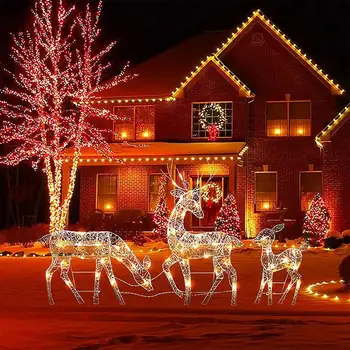 Iron Art Elk Deer Christmas Garden Decoration With LED Light Glowing Glitter Reindeer Xmas Yard Ornament Home Decor Supplies
