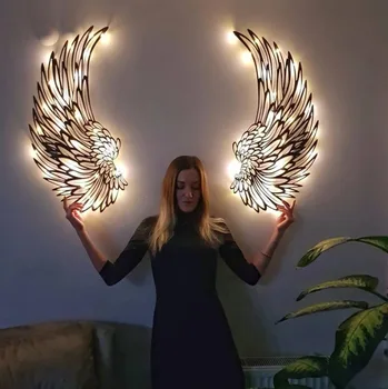 1 чифт ангелски крила Метална стена арт декор с LED светлини Стенни висящи декорации Стенна скулптура Метално изкуство Всекидневна Домашен декор