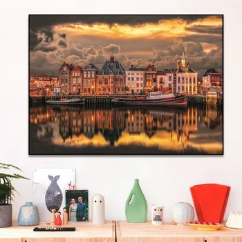 Красив град платно живопис печат Холандия архитектурен стил стена изкуство модерни градове лодка за хол декорация подаръци