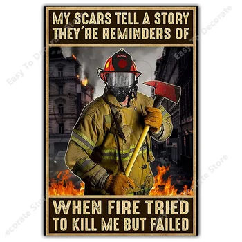 Реколта изкуство пожарникар платно живопис пропаганда лозунг пожар герой стена изкуство пожарникар плакат хол у дома метал калай знак