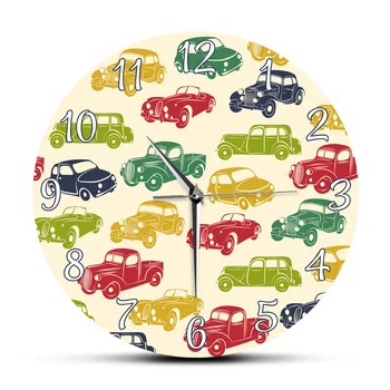 Ретро карикатура кола модел печат акрилни стена висящи часовник хол модерен дизайн превозно средство заоблени часовници гледате подарък за деца