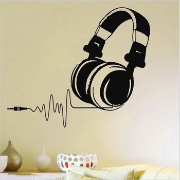 Горещи винилови стикери за стена DJ слушалки Аудио музика Pulse Decal Art Mural Декорация на дома Сменяем стикер за стена за музикални фенове 3069
