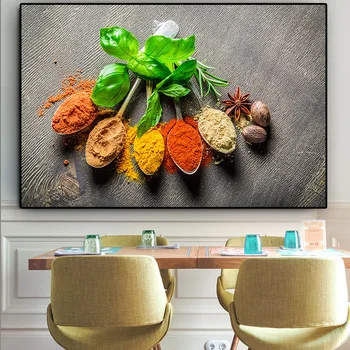 зърна подправки лъжица зелено растение кухня платно живопис Cuadros плакати и щампи стена изкуство храна картина хол дома декор