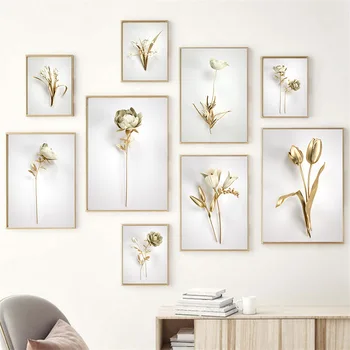 Луксозни златни цветни листа ботанически плакат и печат божур лале стена изкуство платно живопис скандинавски картини хол домашен декор