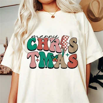 Модел тениска Нова година Дамски къс ръкав празник сладко облекло тениска Топ мода писмо смешно Коледа печат тениска.