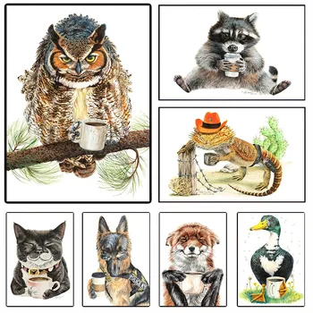 Fun Animal Tiger Owl Dog Cat Duck Drinking Coffee Poster and Prints Canvas Printing Wall Art Picture for Living Room Cafe Decor