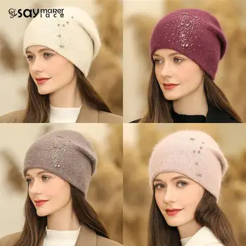 Жените заек кожа смес топла зимна шапка зимна шапка мода украсяват шапка Beanie за женски случайни улични облекла плетена шапка