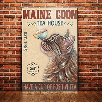 Maine Coon Cat Tea House Ретро метален калай знак реколта знак за домашно кафе градина стена декор