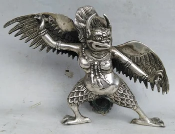 Китайска стара тибетска сребърна ръка, издълбана статуя на крилата Гаруда