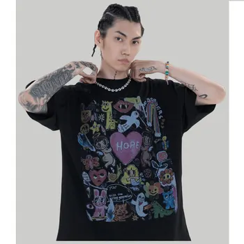 CHICVOY Извънгабаритна тениска Хип-хоп върхове Tee Streetwear живопис писмо сърце дъга ангели графичен T риза Harajuku памук унисекс