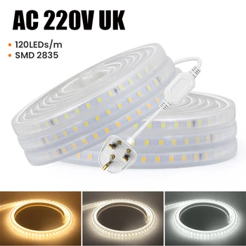  AC 220V LED лента с UK Plug IP65 водоустойчив SMD 2835 120Leds / M топло / естествено бяло гъвкава лента въже светлина за стая декор