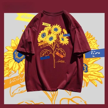американски дизайн слънчогледов принт тениска за мъже и жени, лятна свободна двойка износване, ретро стил полу-ръкав универсален ins top