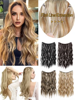 Синтетичен естествен вълнообразен без клип риба линия невидими разширения за коса смесен цвят блондинка черна изкуствена фалшива коса парче за жени