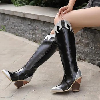 Западен стил тотем пачуърк коляното високи дамски ботуши зимни есенни заострени пръсти блок странни високи токчета парти обувки за жени