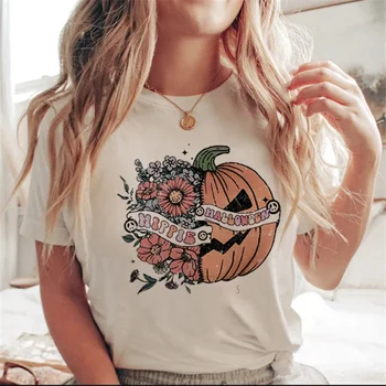 Kawaii върхове Хелоуин есен случайни T риза дрехи тиква сладък тенденция 90s жени T костюм дами печат графични T ризи