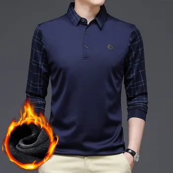 Нов мъжки руно облицована дълъг ръкав поло риза случайни мъжки корейски стил модерен сгъстяване топла тениска мъже