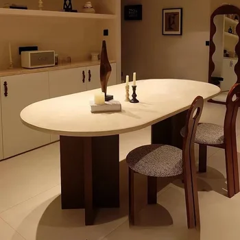 Nordic крем стил масивна дървена маса за хранене и стол комбинация овална рок плоча маса за хранене Начало дизайнер офис преговори T