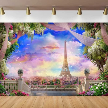 Залез над Айфеловата кула Фотография Фон Романтичен покрит с цветя балкон Париж Известен градски фон парти декор плакат